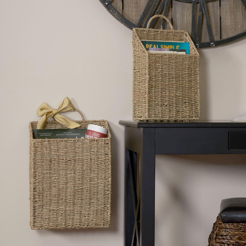 Rectangular Wicker Hanging Baskets, Set of 2, Small and Large, Handwoven Seagrass, Durable Metal Wire Frame, Multipurpose and Contemporary, Perfect for Organizing Newspapers, Mail and More, Natural