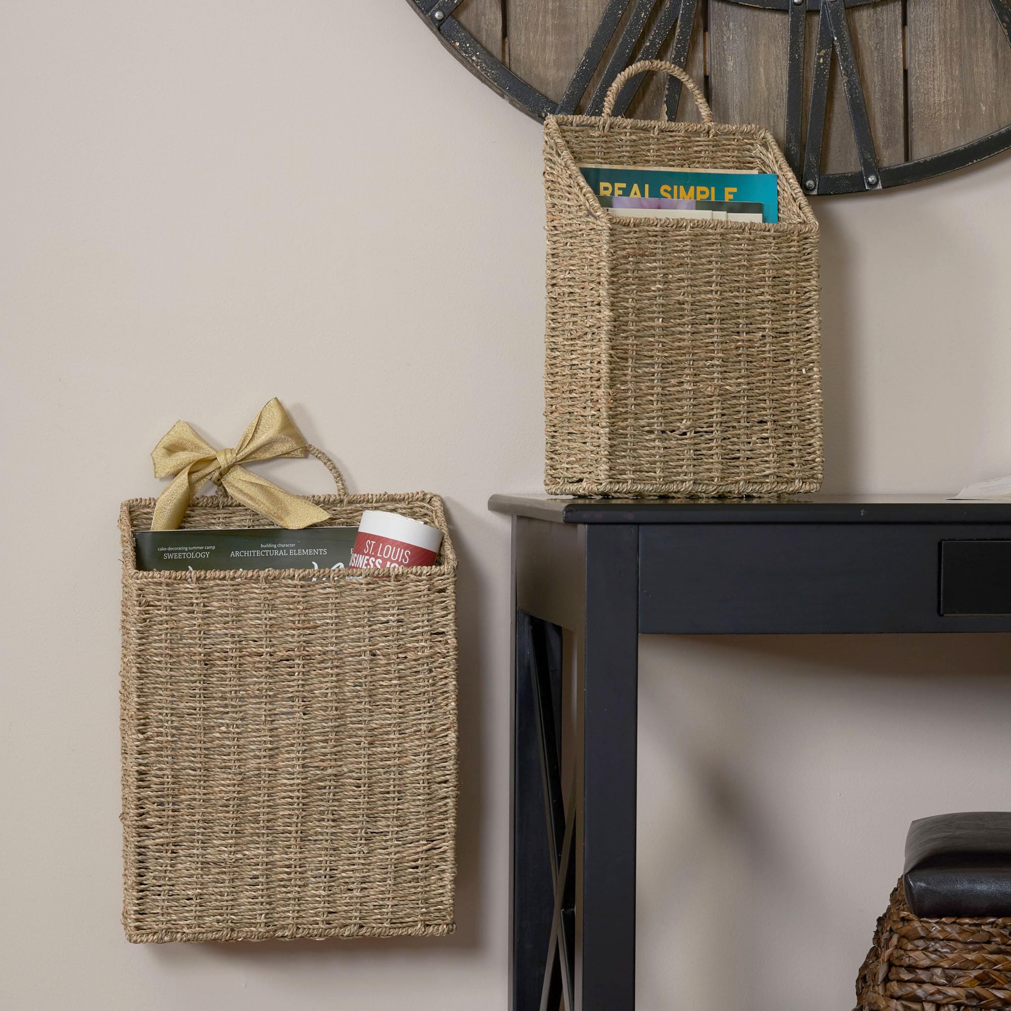 Rectangular Wicker Hanging Baskets, Set of 2, Small and Large, Handwoven Seagrass, Durable Metal Wire Frame, Multipurpose and Contemporary, Perfect for Organizing Newspapers, Mail and More, Natural