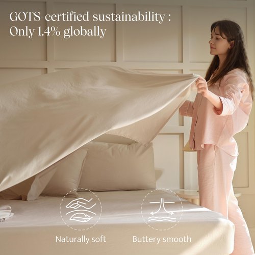 Double Stitch Organic Cotton Sheets King Size - Soft & Breathable Sheet Set 4 Piece, Luxury 300 TC Sateen Weave Bedding, 100% GOTS Certified Long Staple Cotton, Made in India, Linen