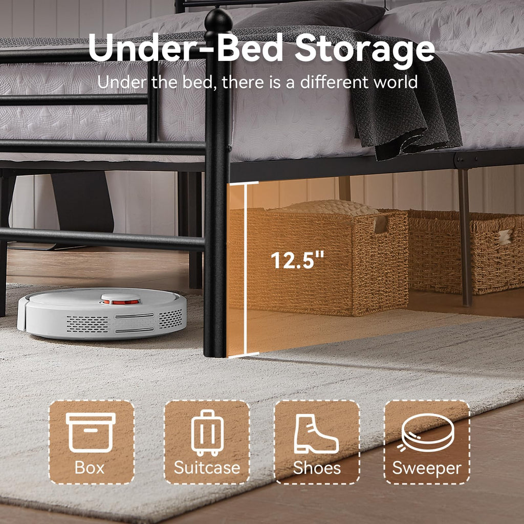 BedsPick Queen Size Metal Bed Frame with Headboard and Footboard, Platform Bed Frame with Premium Steel Slats Support/12.5'' Under Bed Storage Space/No Box Spring Needed/Noise Free/Easy Assembly/Black