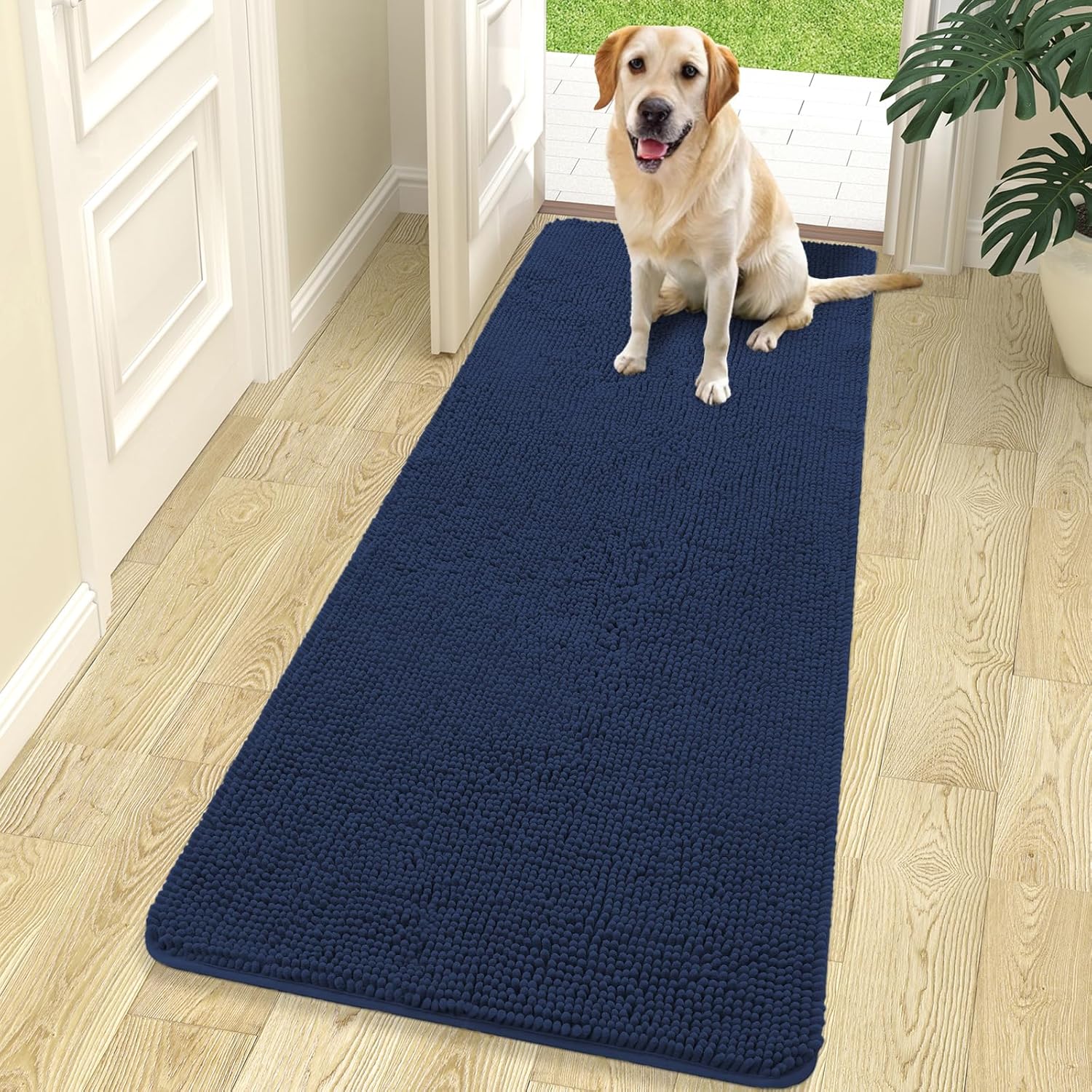 OLANLY Dog Door Mat - Absorbent Non-Slip Chenille Mat for Muddy Paws | 70x24, Dark Blue