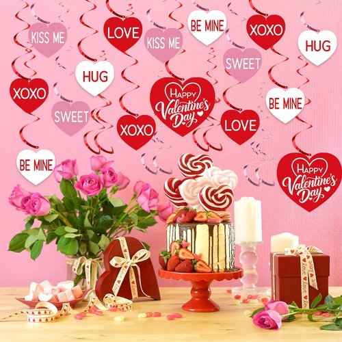 30 PCS Hearts Hanging Swirls Decoration Pre-Strung Valentines Day Hanging Decorations Conversation Hearts Ceiling Streamers for Valentines Day Party Home Decor