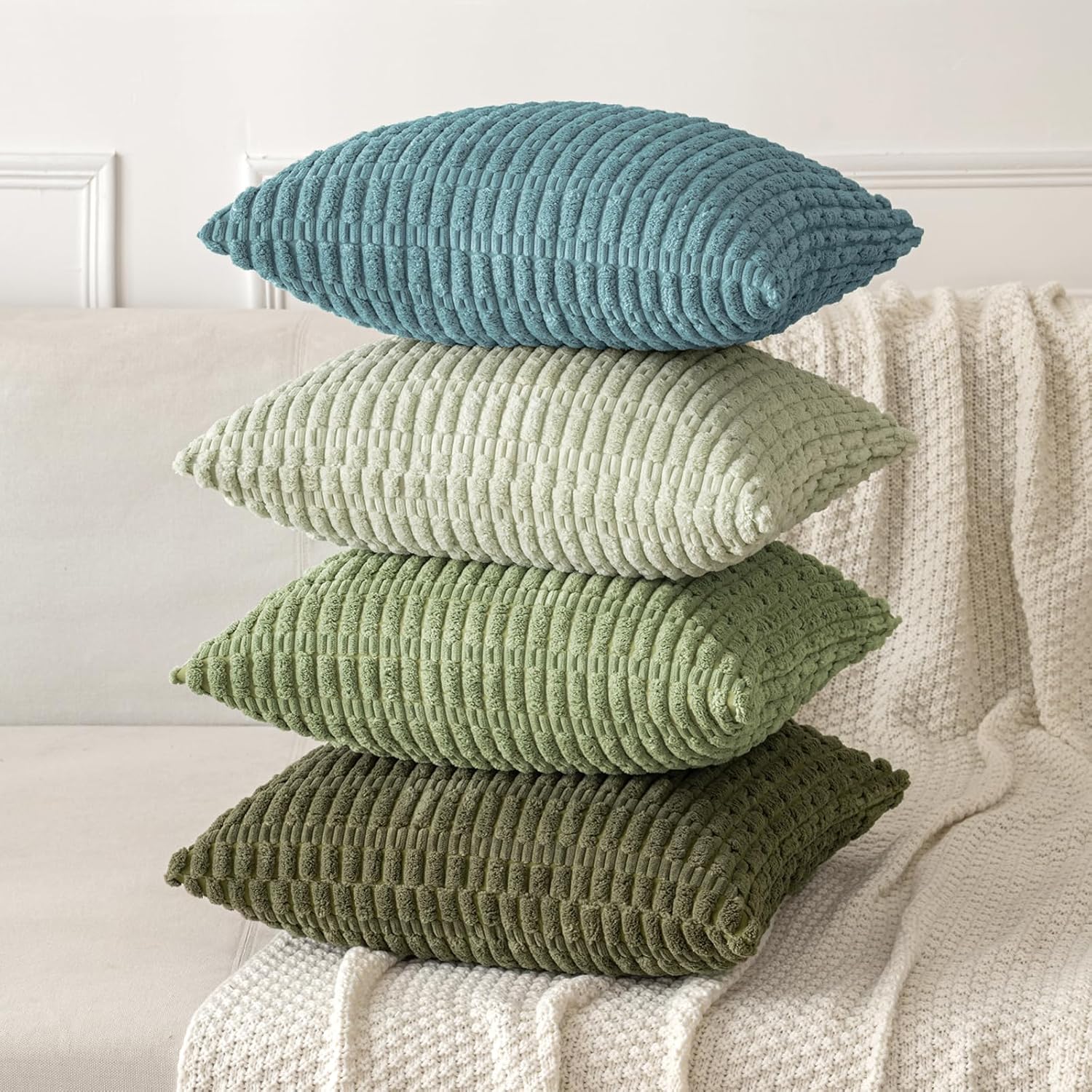 MIULEE Corduroy Throw Pillow Covers - Soft Boho Striped Design | 16x16 Inch Coastal Blue for Modern Home Decor