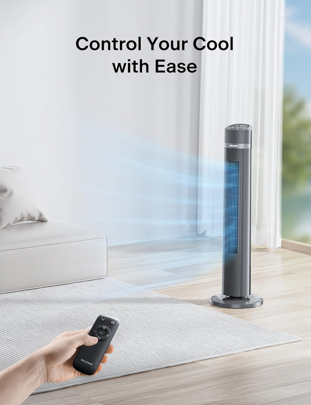 Pelonis 40-Inch Bladeless Tower Fan - Quiet 3-Speed Remote Control, 90° Oscillation, Black