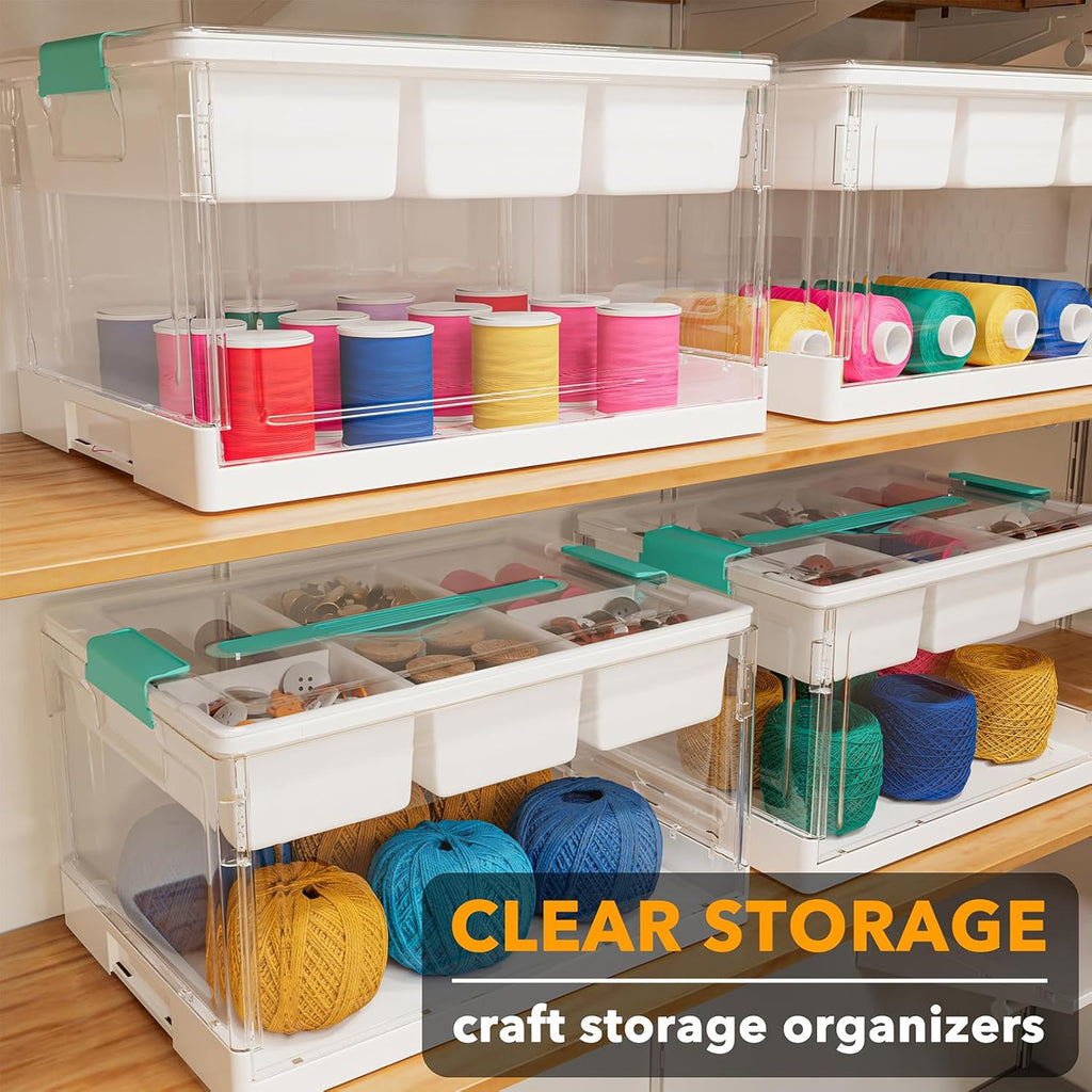 SpaceAid Craft Organizer - 24 QT Clear Plastic Storage Box with Lid, Removable Trays & Dividers