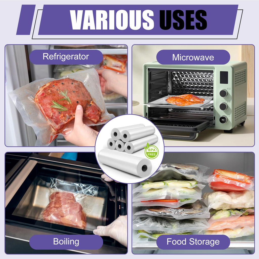 CAREGY Food Vacuum Sealer Rolls Bags 6 Pack 3 Rolls 8'' x 20' and 3 Rolls 11''x 20' Commercial Grade BPA Free Bag Rolls Embossed Food Saver Bags for Meal Prep,Sous Vide Cooking and Food Storage