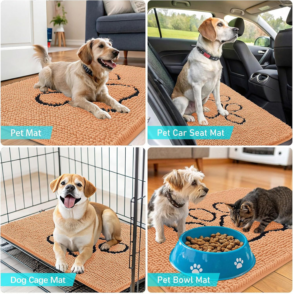 OLANLY Dog Door Mat - Absorbent Non-Slip Mud Mat for Muddy Paws | 48x30 Inches, Orange Paw Print Design