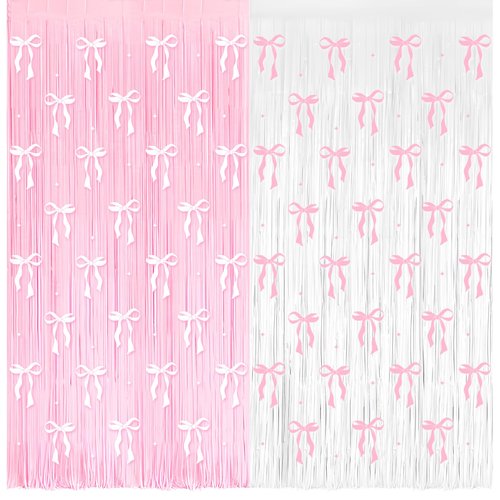 4 Pack Pink Bow Party Backdrop Decoration Pink Bow Foil Fringe Curtains for Girls Bow Birthday Baby Shower Decorations Bridal Shower Bachelorette Party Decor Supplies 3.2ft X 8.2ft