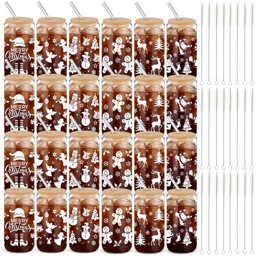 Yetene 24 Set 2026 Christmas Glass Cups Gifts 16 oz Christmas Drinking Glasses with Bamboo Lid Straw Santa Winter Iced Coffee Glasses Gift for Women Xmas Staff Employee Appreciation New Year (White)