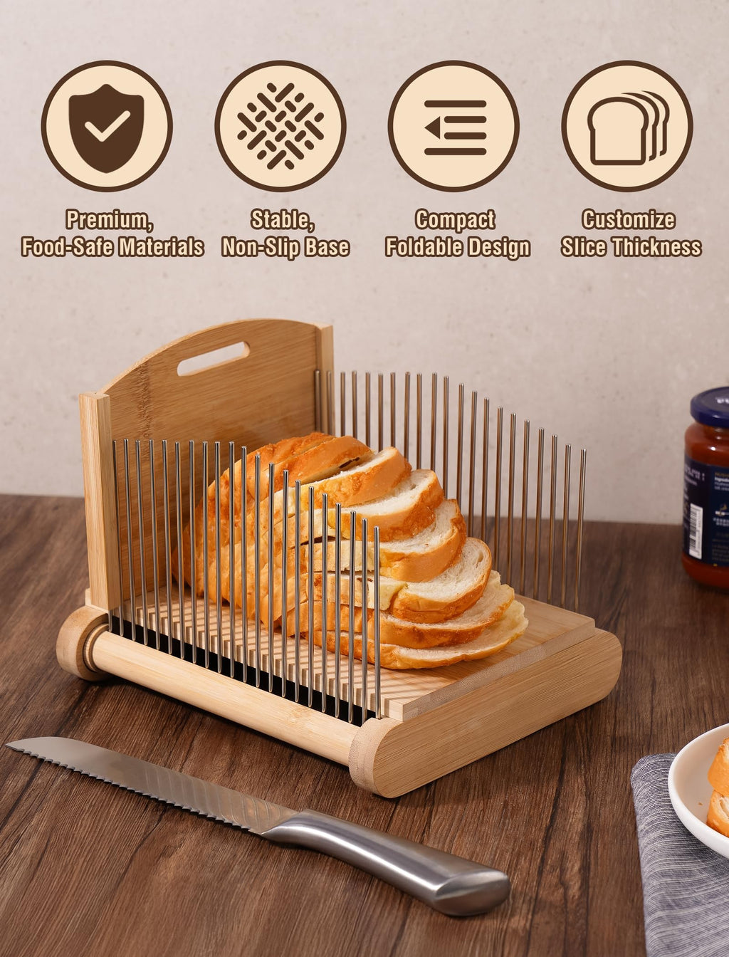 NiHome Bamboo Bread Slicer for Homemade Bread with Stainless Steel Guides, Adjustable Thickness for Toast & Sandwiches, Foldable Compact Sourdough Wood Cutting Board