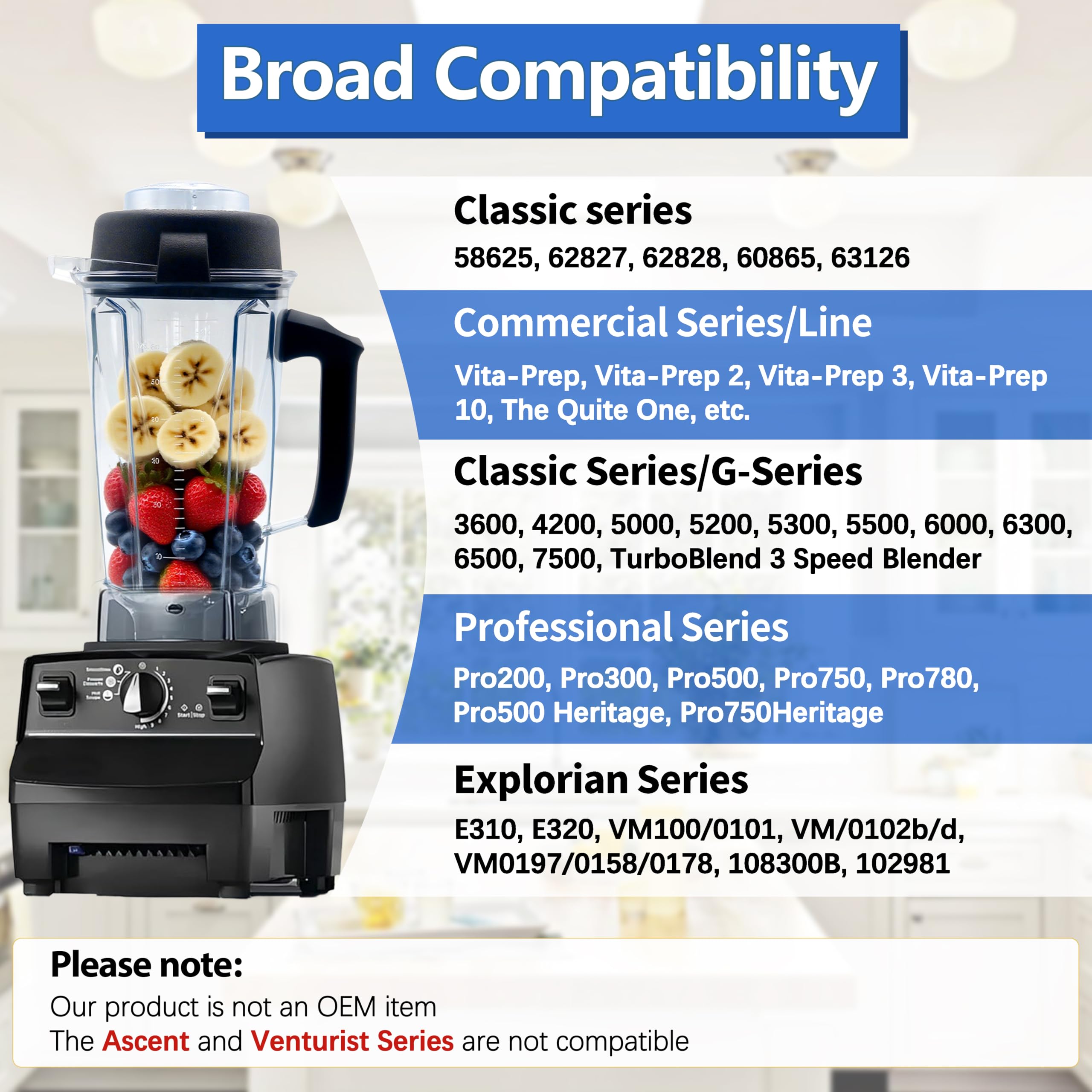 Blender Pitcher 64oz, Replacement for 5200 5000 5500 6300 7500 Pro200 750 VM0101 VM0102 VM0103 E310 320, Classic/Explorian/Commercial series Pitcher Jar Cup 3 year warranty