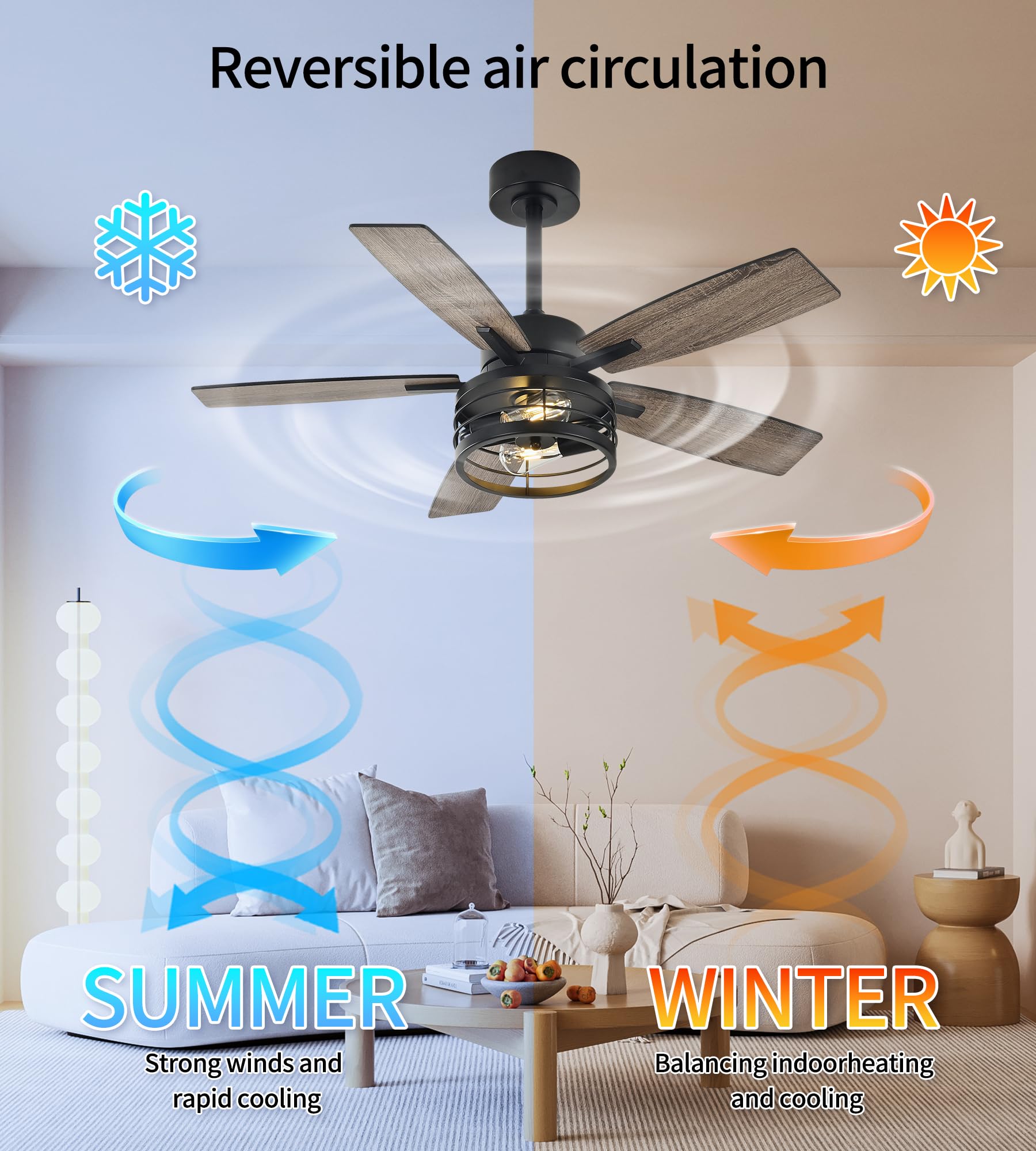 TAVZAKE 42 inch Ceiling Fans with Lights, Low Profile Ceiling Fan with Remote Control, 6 Speeds DC Reversible, 5 Blades, Classic Ceiling Fans for Living Room and Garage