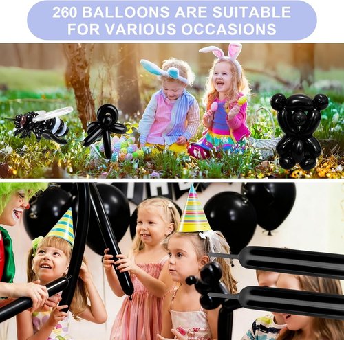 260 PCS Black Balloons - Premium Long Skinny Latex for Twisting, Weddings & Birthday Parties