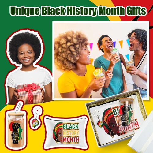 Funnymoom 18 Pcs Black History Month Gifts for Women Men 16 oz Black History Month Glasses Cups with Bamboo Lids and Straws African Flag Makeup Bags Juneteenth Rubber Keychain for Holiday Present