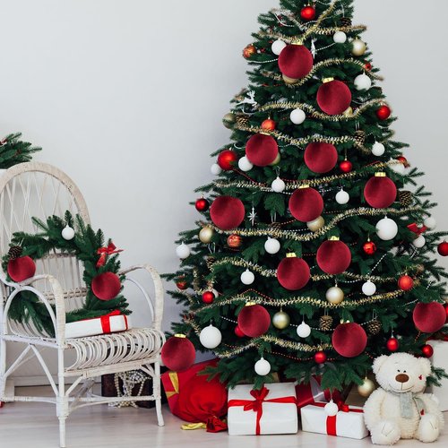 Dark Red Velvet Christmas Tree Ornaments - 15 PCS Large 3.15 Inch Shatterproof Baubles | Flocked Burgundy Decor