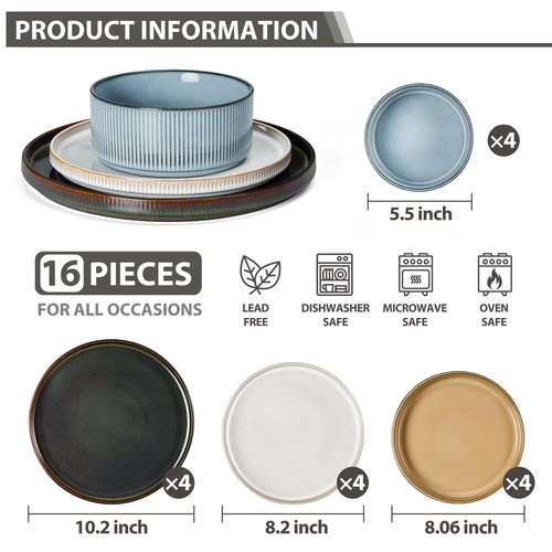 LIANYU Dinnerware Stoneware Sets with Pasta Bowls, 16 Piece Plates and Bowls Set for 4, Ribbed Dishes Set for Home, Microwave and Dishwasher Safe, Four-color