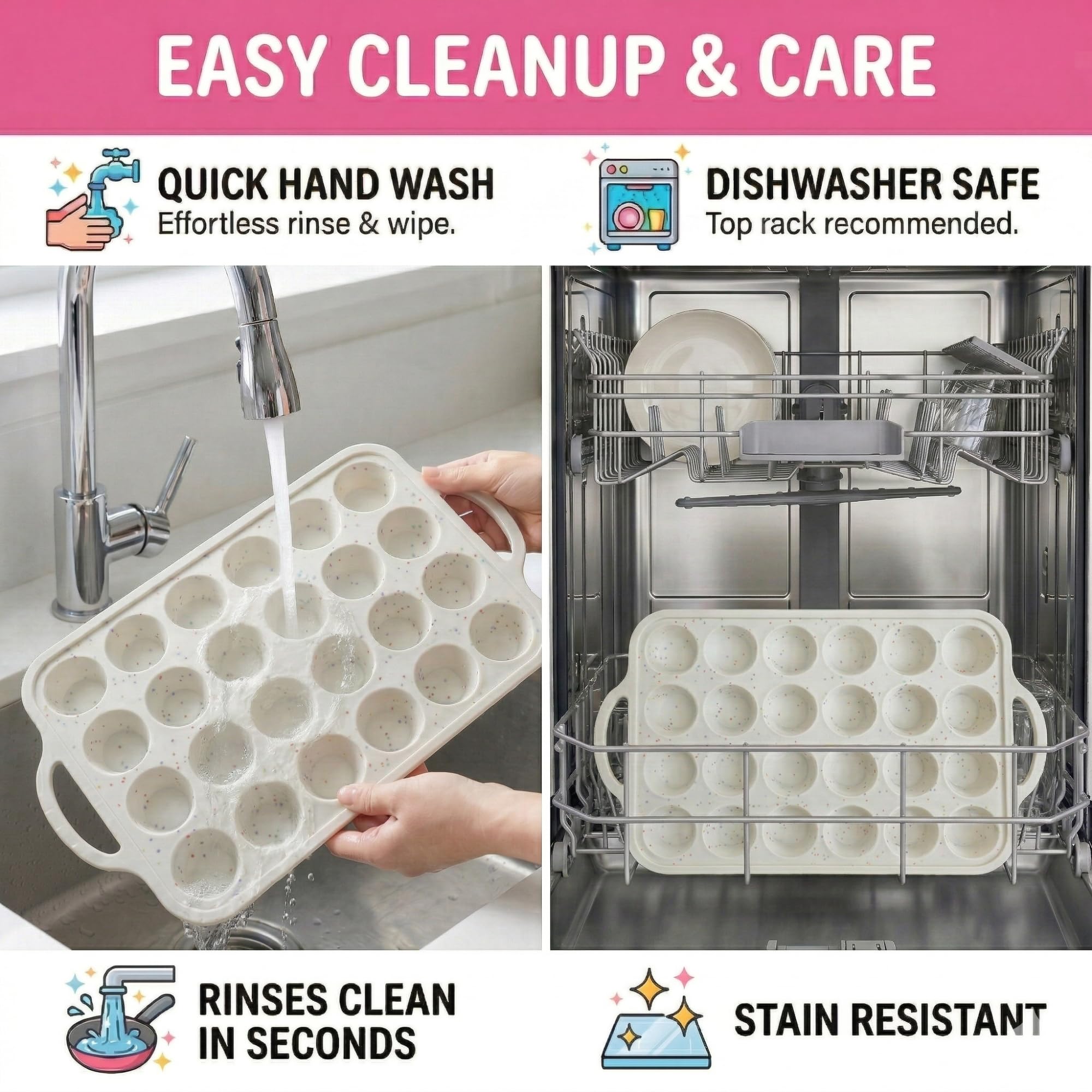 1-Pack - Silicone Mini Muffin Pan – 24-Cup, Nonstick Silicone Muffin Pans for Baking with Metal-Reinforced Handles, – BPA-Free Muffin Tin Tray for Mini Cupcakes & Snacks – Dishwasher Safe, Cream