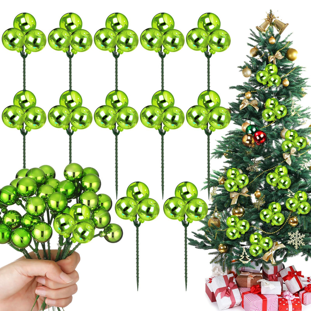 Syhood 12 Set 7.9 Inch Christmas Ball Ornaments on Wired Picks Shatterproof Xmas Lime Green Ball Picks for Christmas Tree Vase Wreath Stairs Garland Decoration Supplies