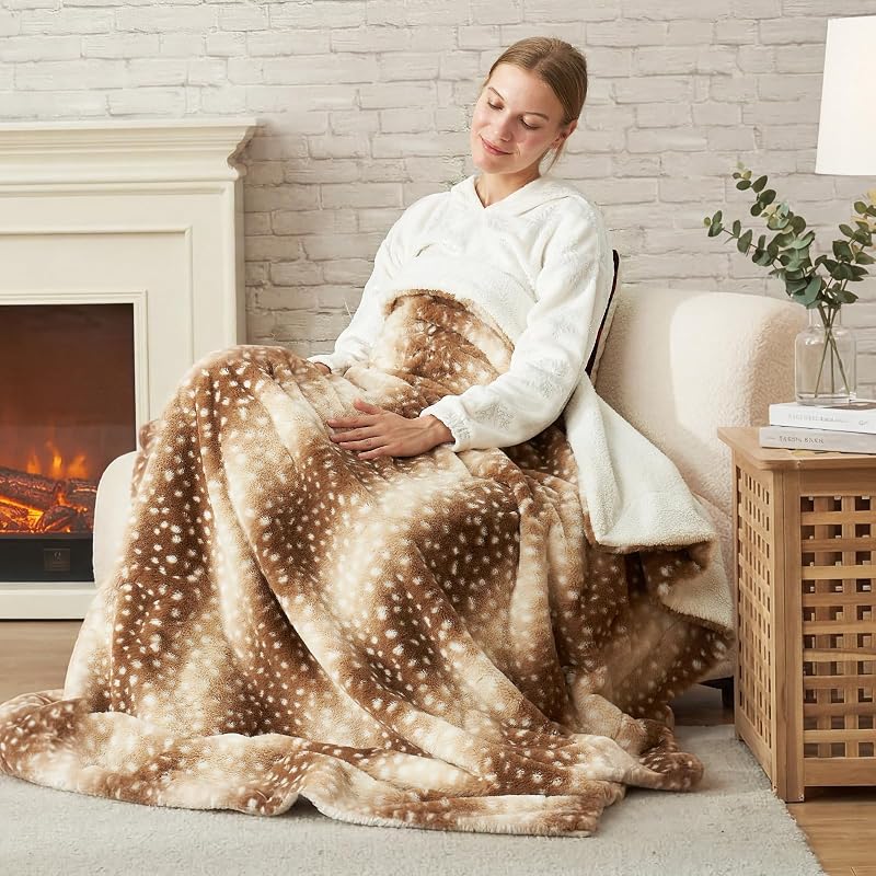 Cozy Bliss Deer Print Faux Fur Throw Blanket 50" x 60" – Brown Deer, 400GSM + 200GSM Sherpa