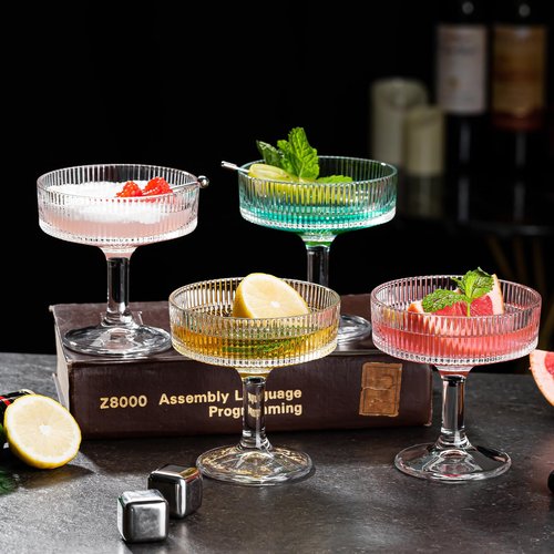 wookgreat 12 Pcs Martini Glasses, 6.7oz Crystal Champagne Tower, Art Deco Ribbed Coupe Glasses, Stem Cocktail Glassware Set, Margarita Cups, Heavy Base Bar Glassware for Martini, Gimlet, Manhattan