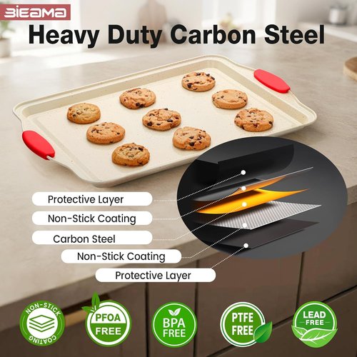 BIEAMA Nonstick Baking Pans Set - 13-Piece BPA-Free Carbon Steel Bakeware - Stackable Cream Design