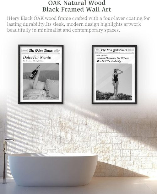 iHery Premium Natural Black Oak Wood Framed Wall Art - Retro Woman Canvas Decor 12x16in | Perfect for Dorms & Living Rooms