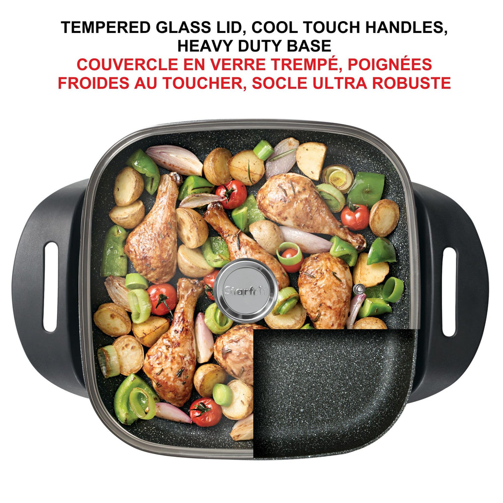 Starfrit The Rock Electric Skillet - 12" x 12" - Rock.Tec Non-Stick Cooking Surface - Tempered Glass Lid - 1200W