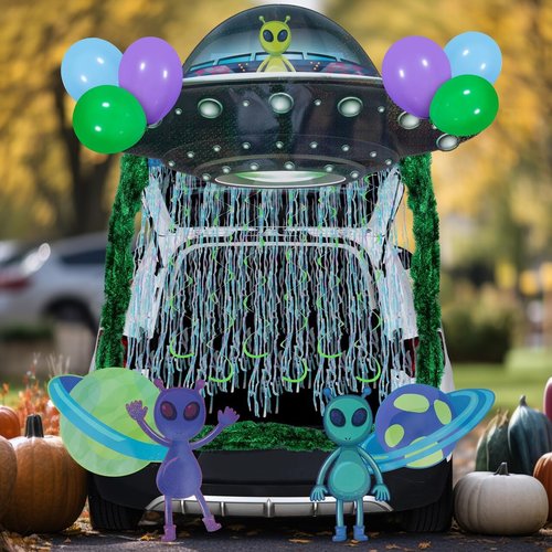 JOYIN Halloween UFO Aliens Trunk Or Treat Car Decorations Kit for SUV Outdoor Indoor Decor Planets, Haunted House Archway Garage Lawn Balloons, Streamer Tinsels Strips