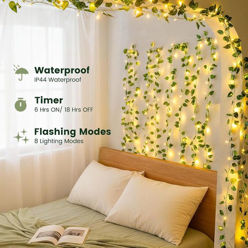 HEYFUNi Faux Pothos String Lights - 23 Ft with 73 LED Warm White Leaf Lights for Bedroom & Wedding Decor