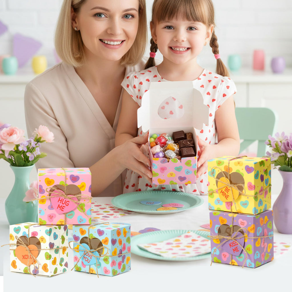 R HORSE 50Pcs Valentine's Day Bakery Treat Boxes, Valentines Candy Cookie Boxes with Heart Window, Cupcake Containers with Heart Shaped Cards for Cupcakes Donuts Chocolates Cookie Party Favor Supplies