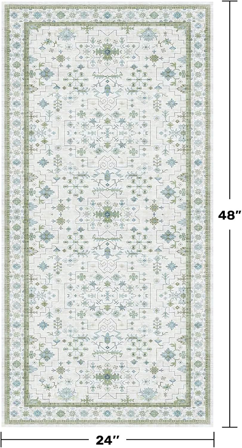 Oushak Bathroom Rug - Cream Green & Blue Floral Design, Washable Low Pile, Non-Slip Rubber Backing, Small Size