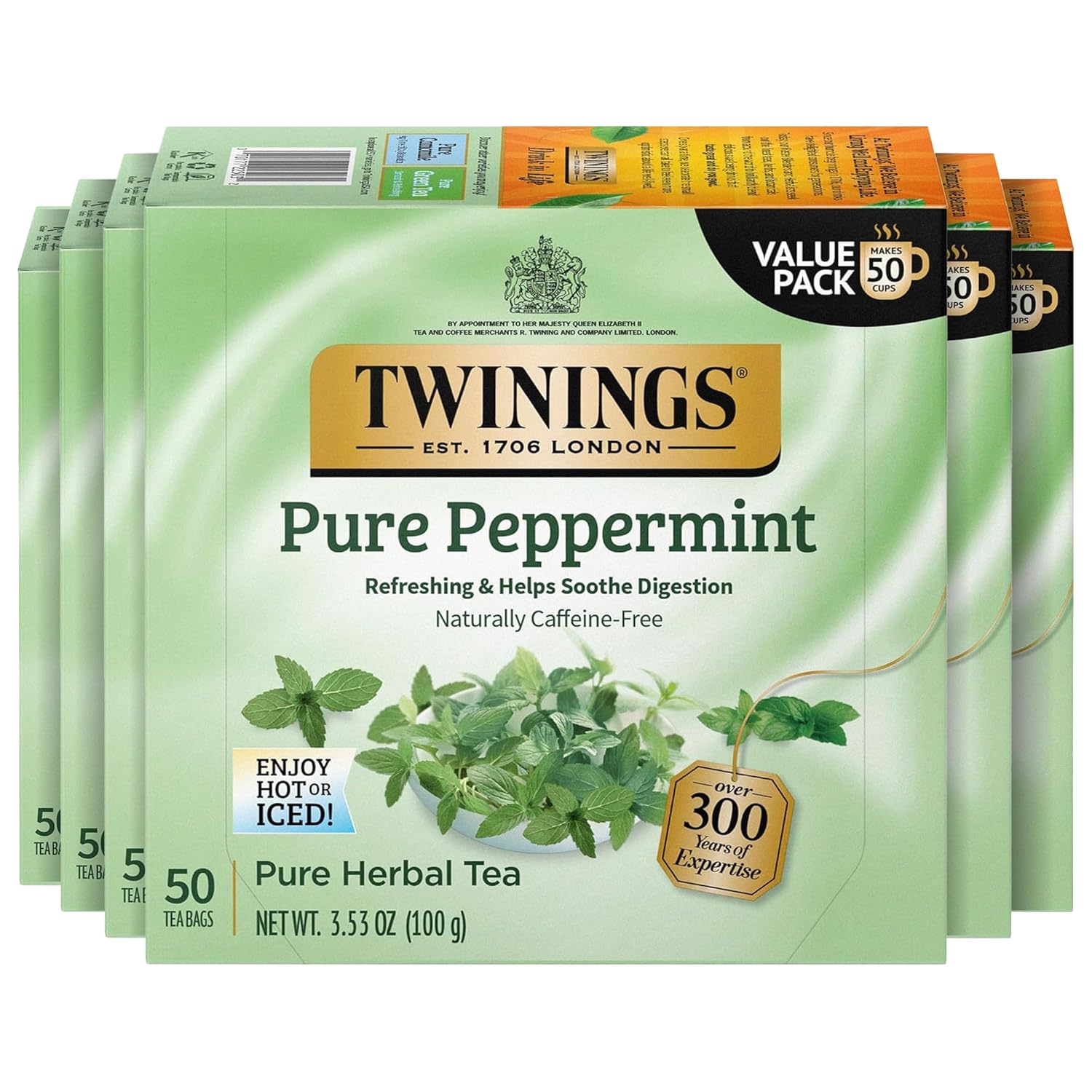 Twinings Pure Peppermint Herbal Tea - 50 Individually Wrapped Bags | Fresh Minty Flavor, Caffeine-Free, 300 Total Teabags