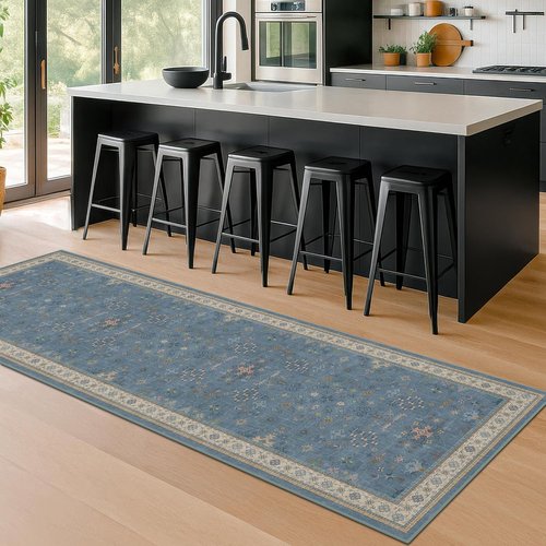 Light Blue Kitchen Runner Rug - Washable Boho Non-Slip Design for Hallway, Bedroom, Entryway | 2x7 Size