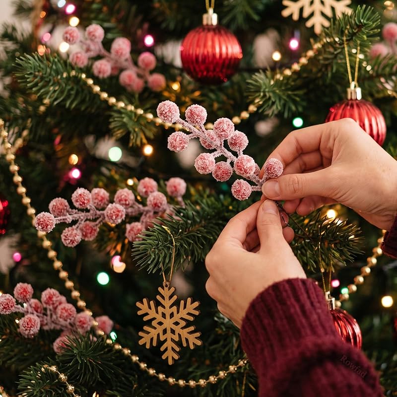 40 Pcs Snowy Red Berry Stems - Christmas Floral Picks with White Snow Frost (Variation: Red&White+40)