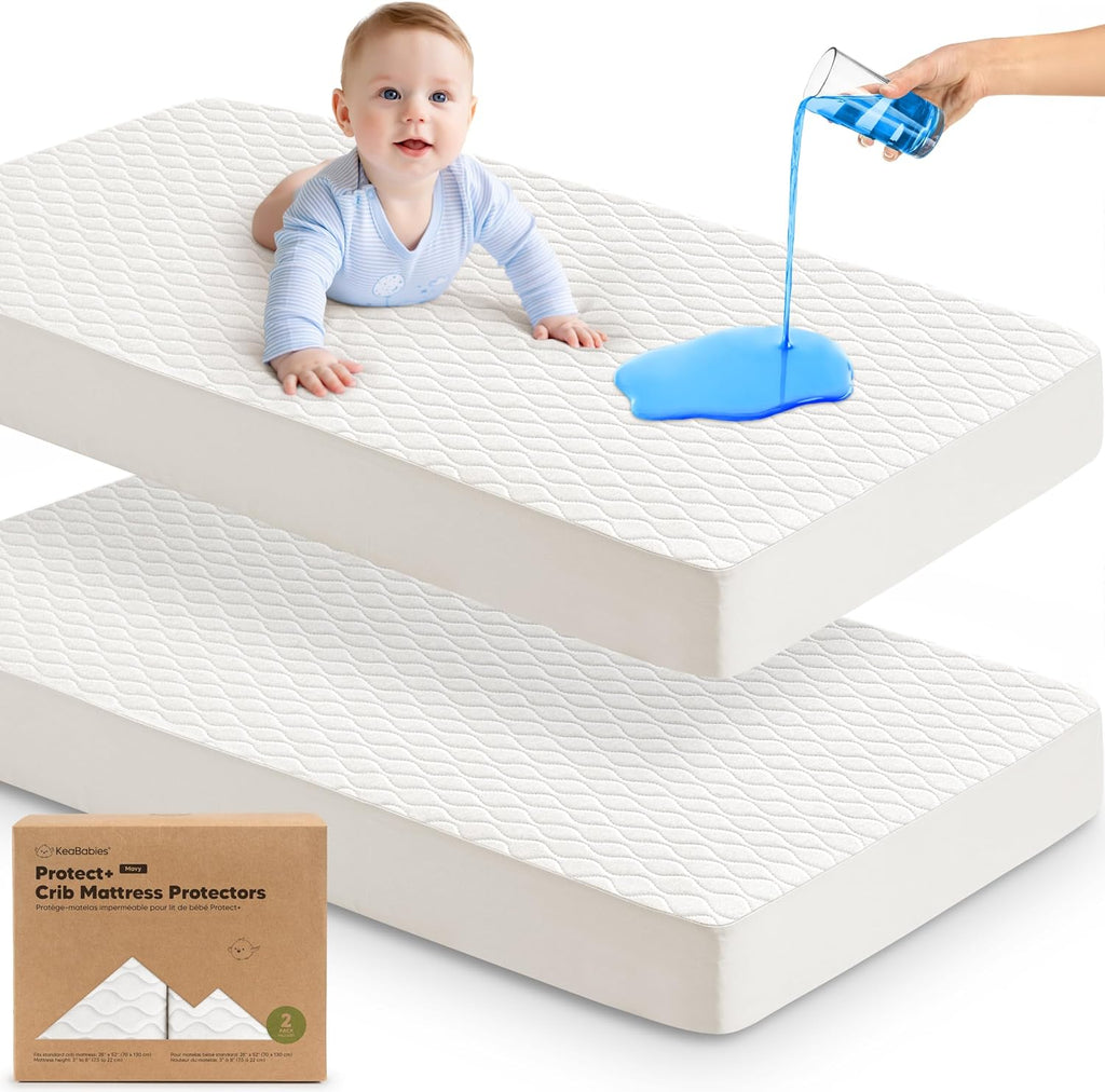 Skiennix 2-Pack Waterproof Crib Mattress Protector - Soft Quilted Cotton, Machine Washable, 52" x 28" (Soft White/Mavy)