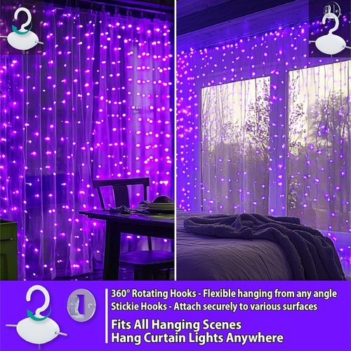 HXWEIYE 300LED Fairy Curtain Lights - 9.8x9.8Ft USB Plug-In with Remote | 8 Modes for Bedroom & Wedding Decor - Purple