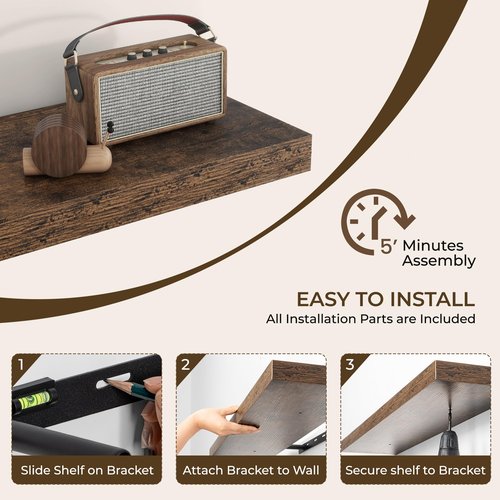 RICHFOCUS 36Inch Floating Shelves for Wall 2 Pack Shelves for Bedroom|Kitchen|Bathroom Wall Mounted Rustic Wood Floating Shelf with Invisible Brackets for Books|Storage|Decor, Rustic Brown
