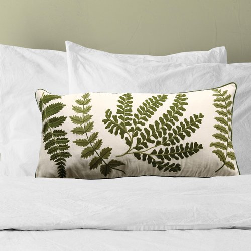 Creative Co-Op White Rectangle Cotton Pillow with Embroidered Green Ferns