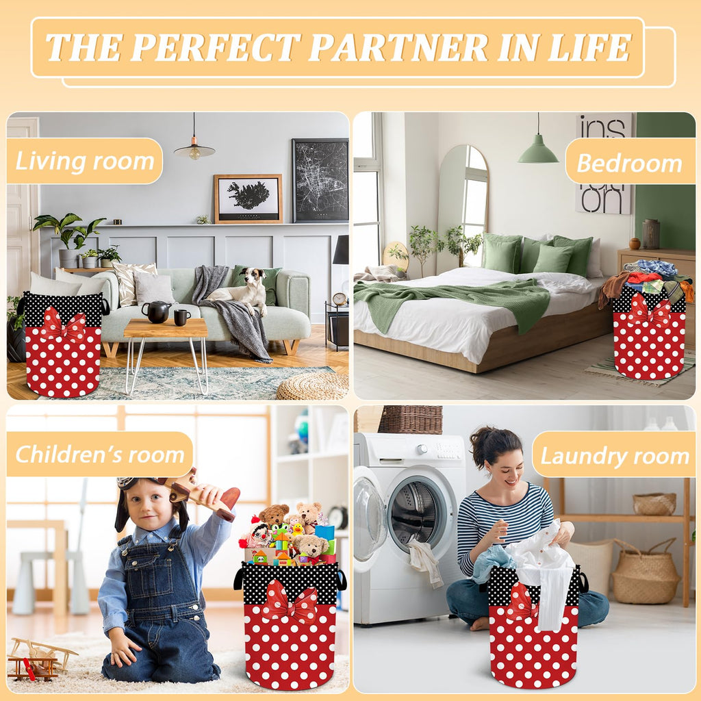 Black Red Polka Dot Laundry Basket, Cute Bow Tie Laundry Hamper Foldable Waterproof Funny Tote Bag Dirty Clothes Storage Bucket Toy Organizer for Bathroom/Laundry/Bedroom 15.7"x19.6"
