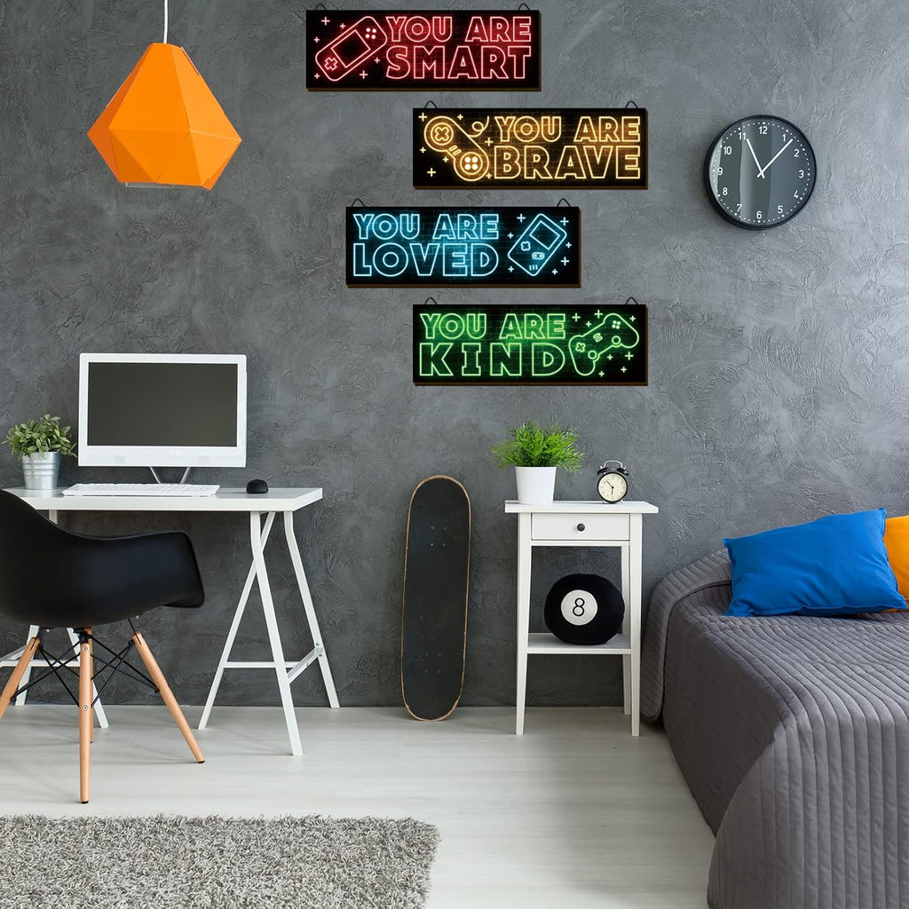 YLOLUL Neon Game Art Prints - 4-Piece Wood Wall Decor for Boys' Rooms | Inspirational Gamer Quotes, 12 x 4 Inch, Red
