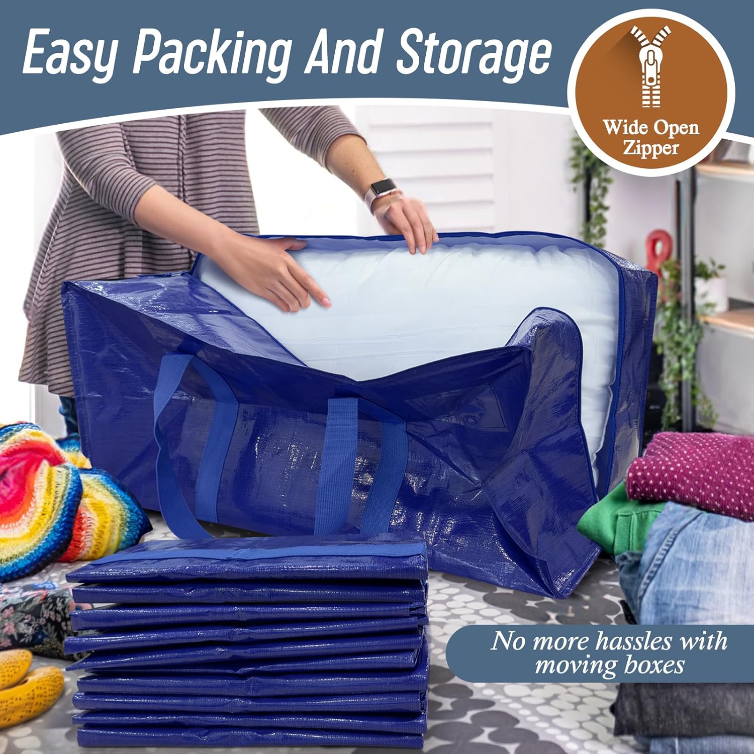 Skiennix 6 Pack Extra Heavy Duty Moving Bags - Strong Zipper & Comfortable Handles | Durable Blue Storage Totes