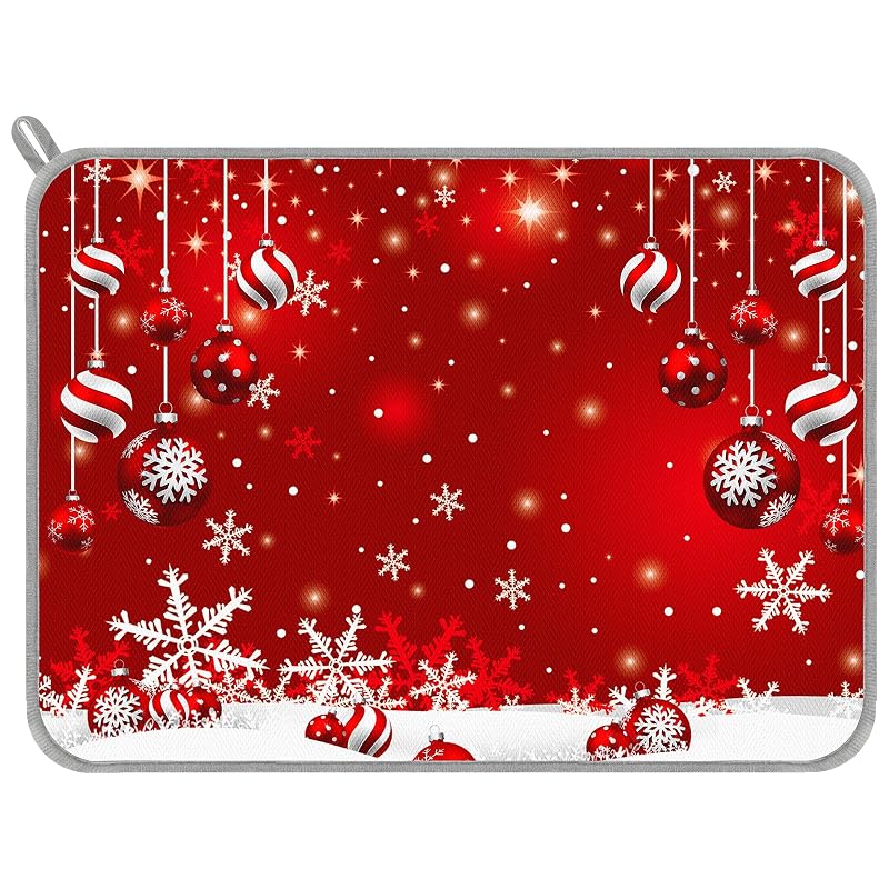 Christmas Dish Drying Mat 18 x 24 Inch - Red Snowflake Ball Absorbent Kitchen Counter Mat