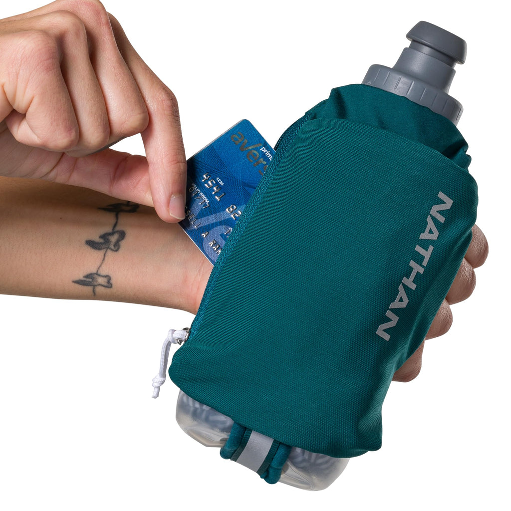 Nathan SpeedDraw 2 Insulated Handheld Running Water Bottle Flask – Double-Wall Insulation, Ergonomic Grip, Blast Valve Cap, Phone & Key Storage Pockets, Reflective Design, 12oz Insulated - Deep Teal