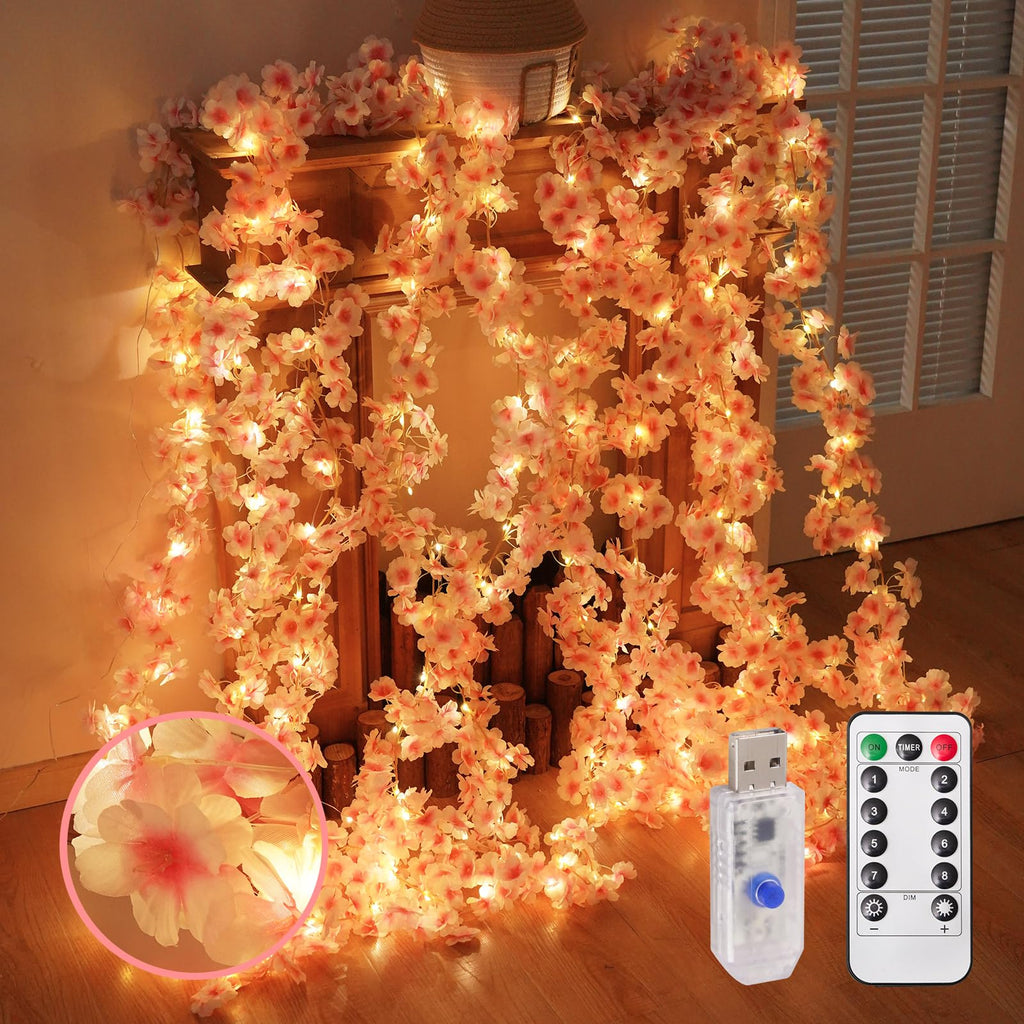 Lfasww Artificial Cherry Blossom Lights，190 LED 5.5ft x 6.2ft Warm White Curtain String Lights with Remote and Timer, 8 Modes, USB Powered for Room Wall Party Xmas Decor