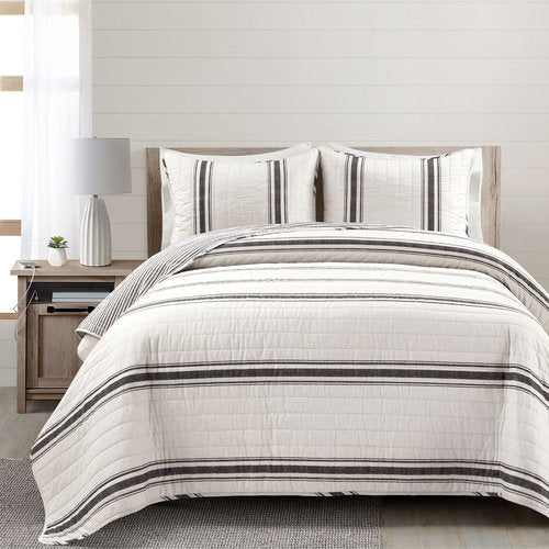 Lush Decor Farmhouse Stripe Reversible Cotton Quilt King Size 3 Piece Set Black - Farmhouse Bedding Set King Quilt - Striped Bedding