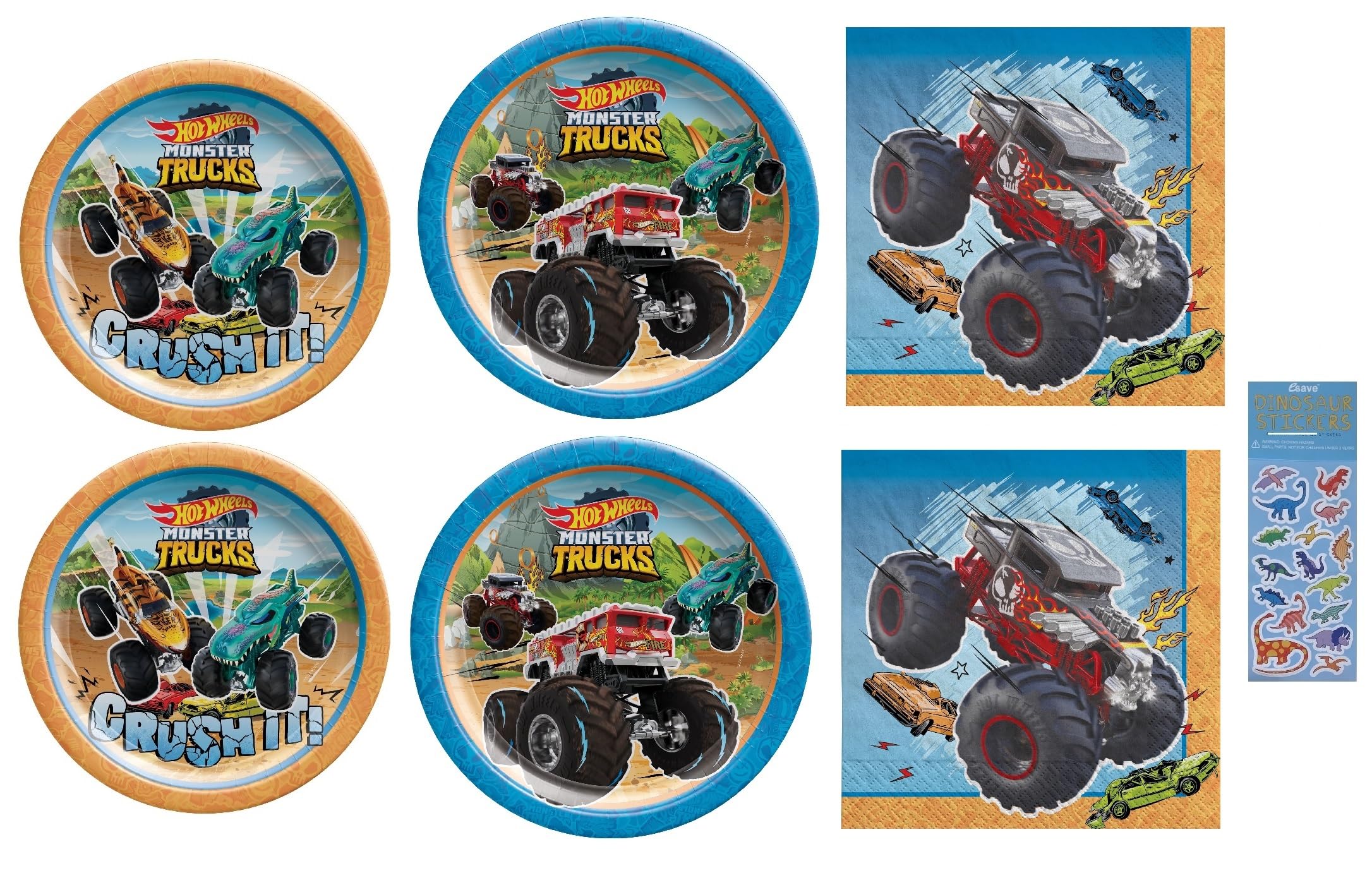 Monster Trucks Birthday Party Supplies Bundle includes 16 Dessert Cake Plates, 16 Lunch Plates, 32 Lunch Napkins, 1 Dinosaur Sticker Sheet