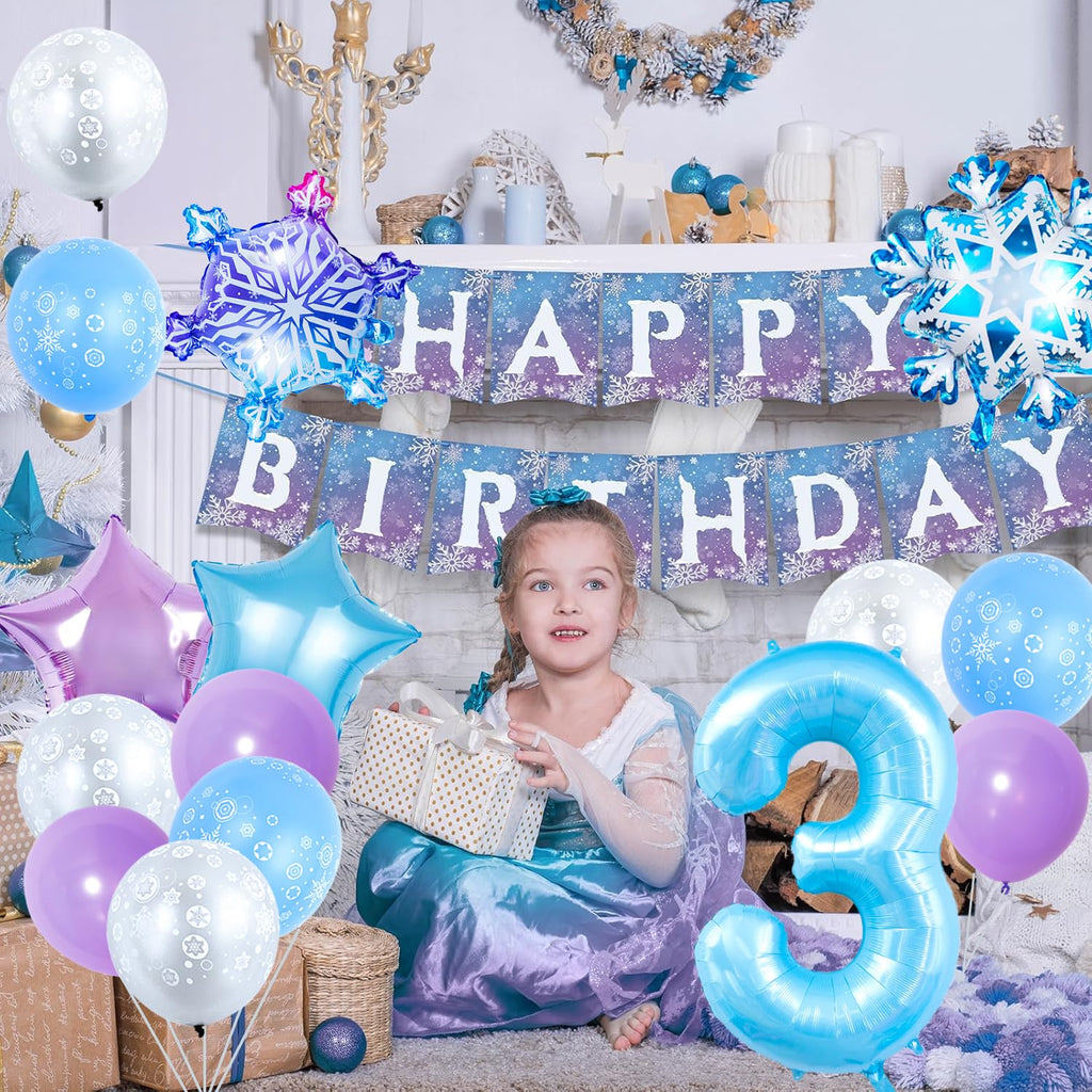 Frozen Birthday Party Decorations, with 40 Inch Blue Number 3 Balloon, Frozen Birthday Banner and Foil Snowflake Balloons for 3rd Party Decor Supplies
