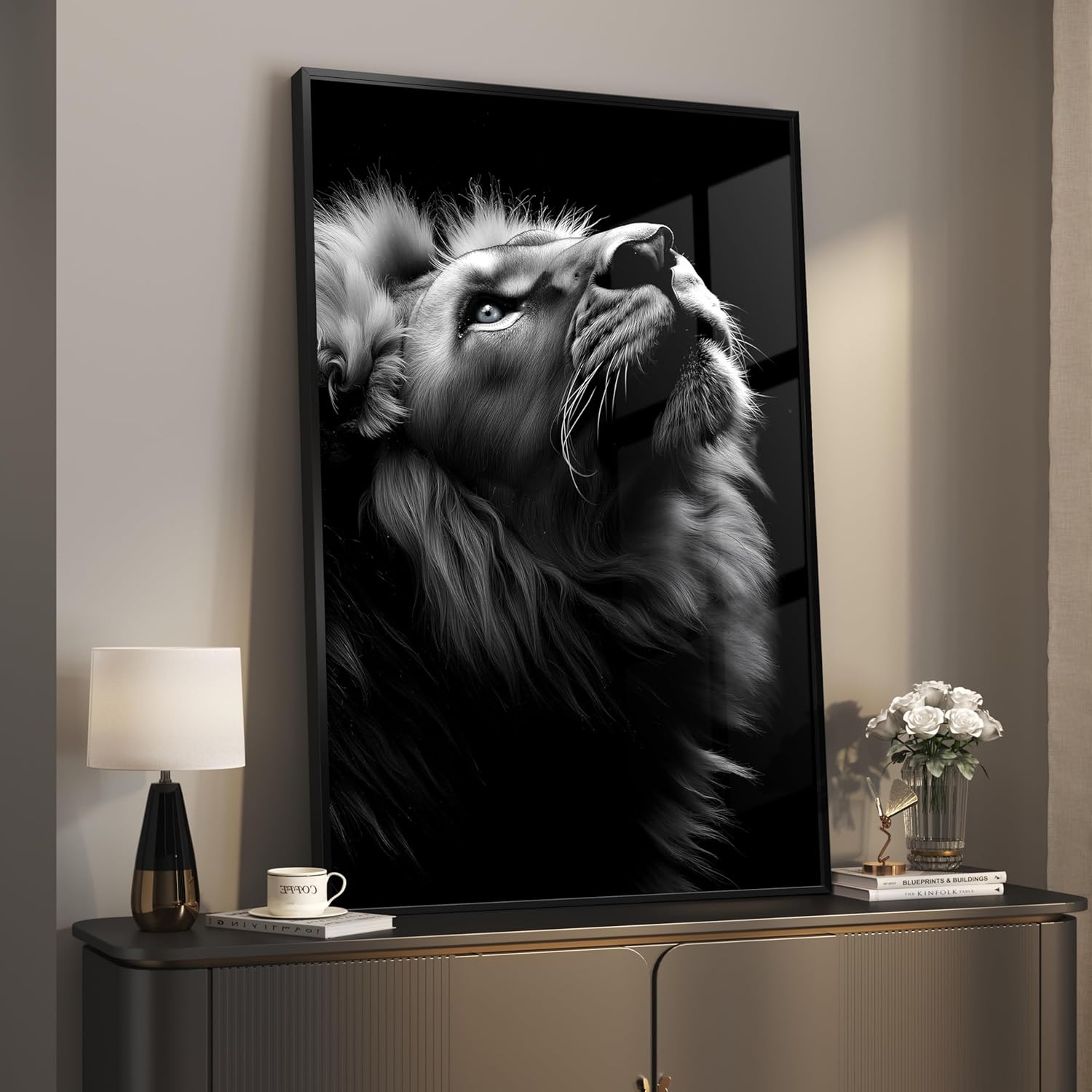 Modern Wall Art - Framed Black and Gray Lion Portrait by [Brand Name] | Minimalist 24x36 In Decor