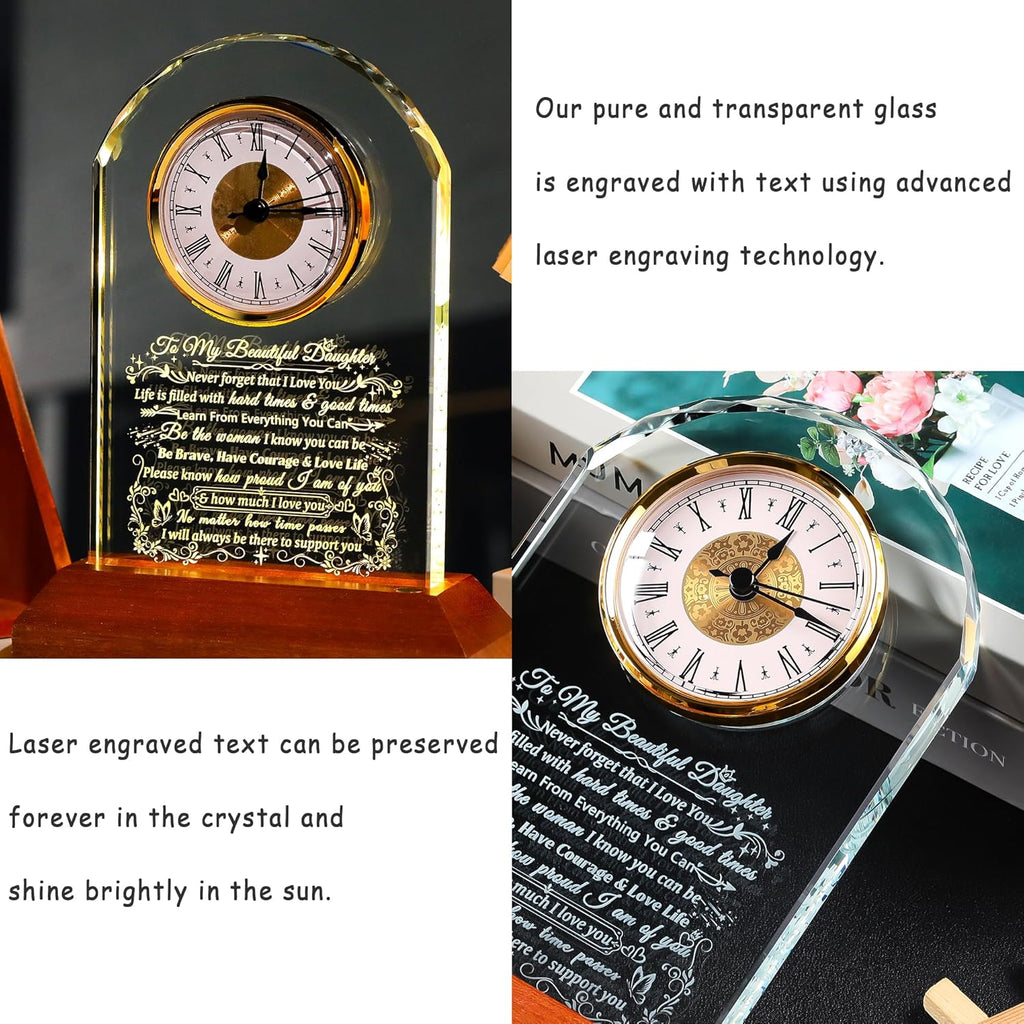 Ornalrist Glass Clock for Daughter - Heartfelt Gift from Mom & Dad with Wooden Base | Warm Light Design