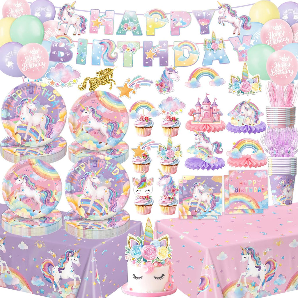 NKPDAXM Unicorn Birthday Decorations - Plates, Napkins, Cups, Cutlery, Hanging Swirls, Banner, Honeycomb Centerpiece, Balloons, Tablecloths for Rainbow Girls Birthday Party Decorations, Serves 24